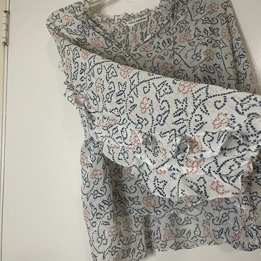 ULLA JOHNSON White Blue Silk Miren Tassel blouse top size 4 - Picture 4 of 7